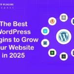 Realistic workspace with a laptop displaying the WordPress dashboard and plugin icons for SEO, speed, backups, and security, alongside a coffee cup and notebook